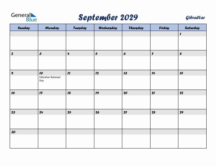 September 2029 Calendar with Holidays in Gibraltar