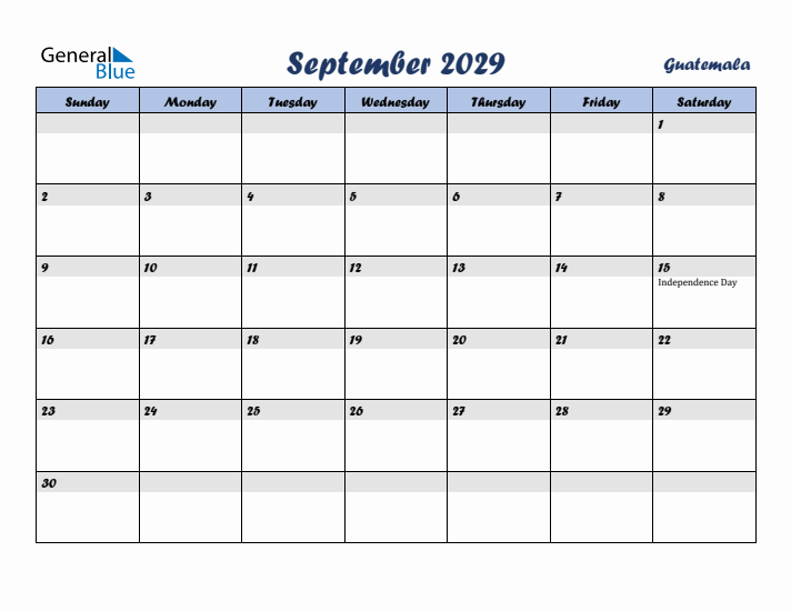 September 2029 Calendar with Holidays in Guatemala