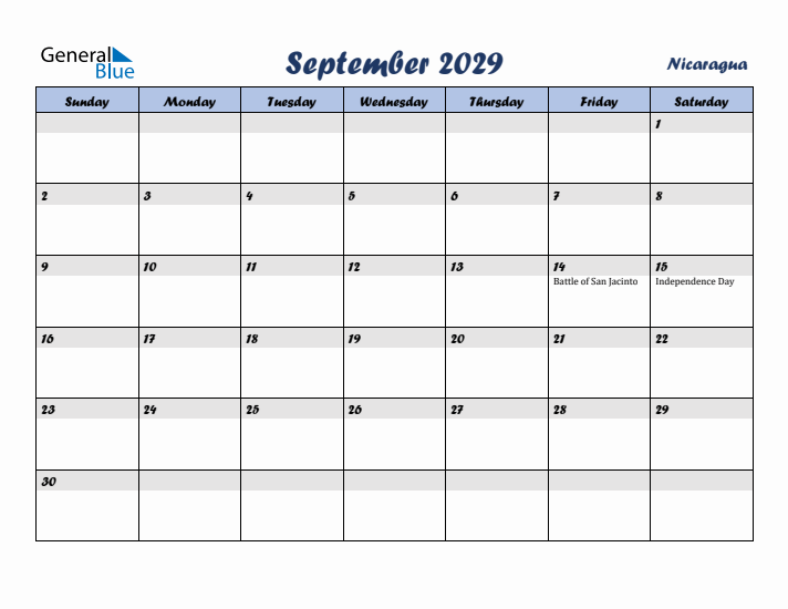 September 2029 Calendar with Holidays in Nicaragua