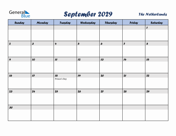 September 2029 Calendar with Holidays in The Netherlands