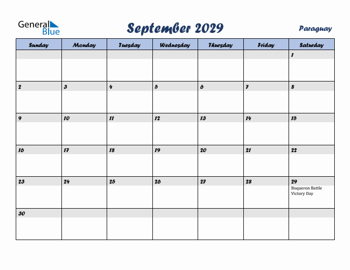 September 2029 Calendar with Holidays in Paraguay