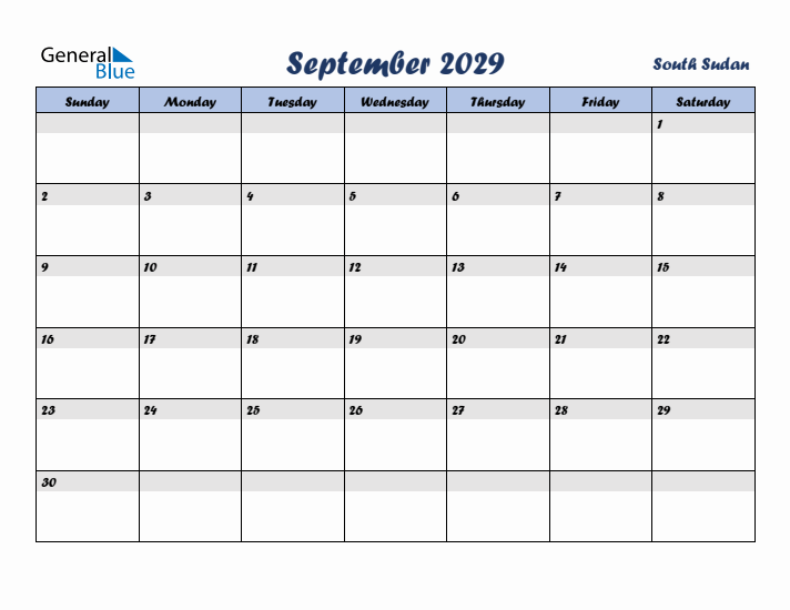 September 2029 Calendar with Holidays in South Sudan