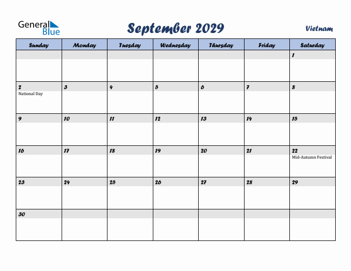 September 2029 Calendar with Holidays in Vietnam