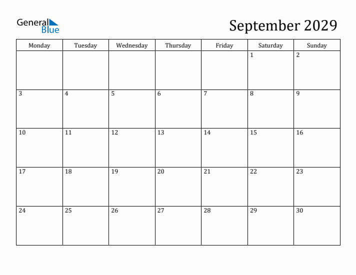 September 2029 Calendar
