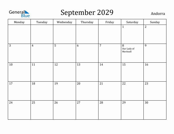 September 2029 Calendar Andorra