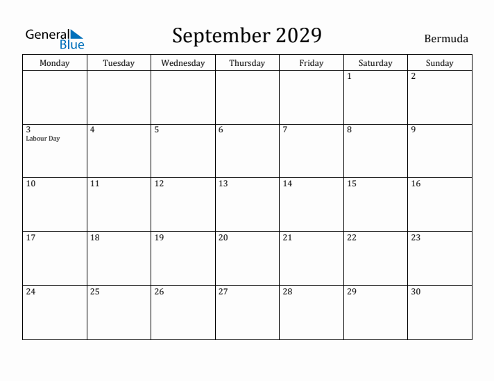 September 2029 Calendar Bermuda