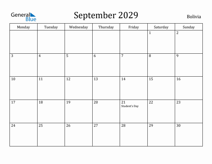 September 2029 Calendar Bolivia
