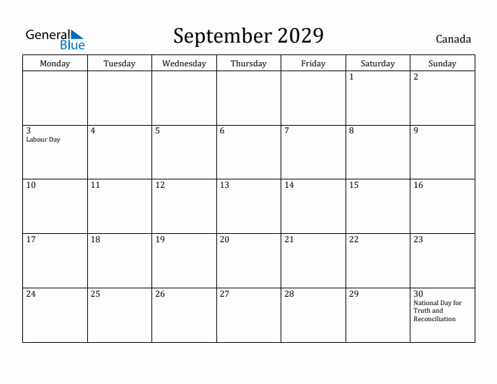 September 2029 Calendar Canada