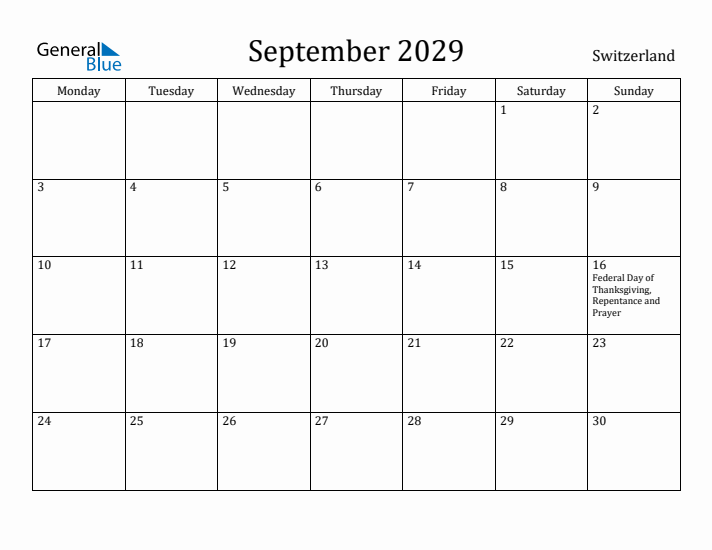 September 2029 Calendar Switzerland