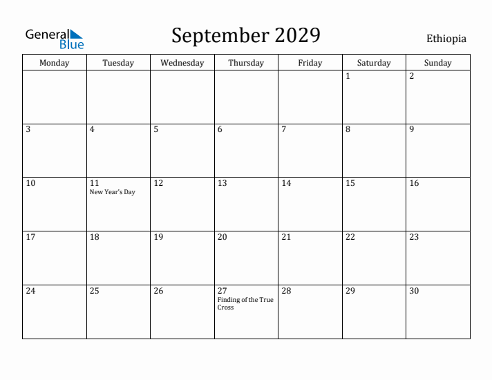 September 2029 Calendar Ethiopia