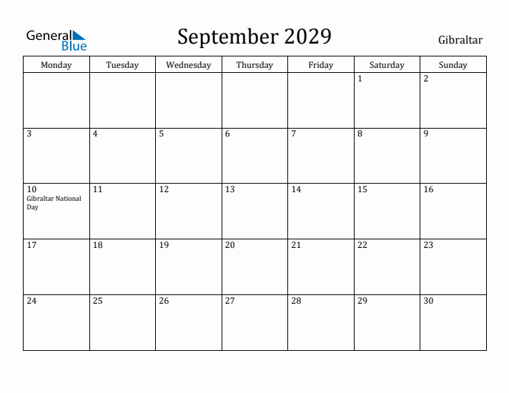 September 2029 Calendar Gibraltar
