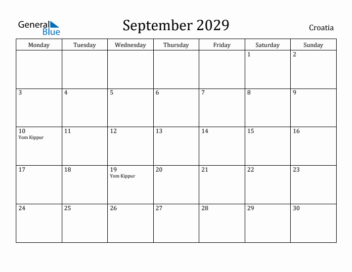 September 2029 Calendar Croatia