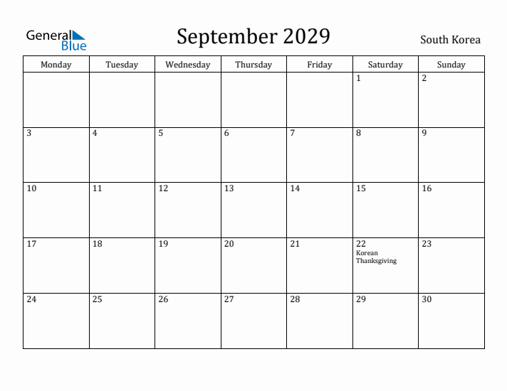 September 2029 Calendar South Korea
