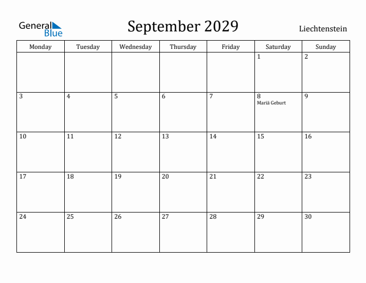 September 2029 Calendar Liechtenstein