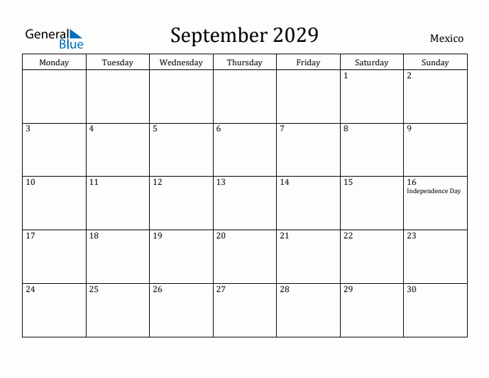 September 2029 Calendar Mexico