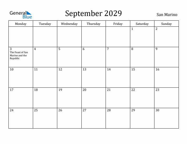 September 2029 Calendar San Marino