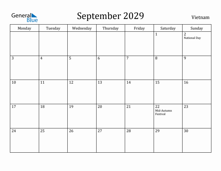 September 2029 Calendar Vietnam
