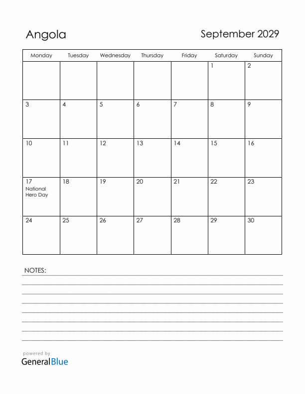 September 2029 Angola Calendar with Holidays (Monday Start)