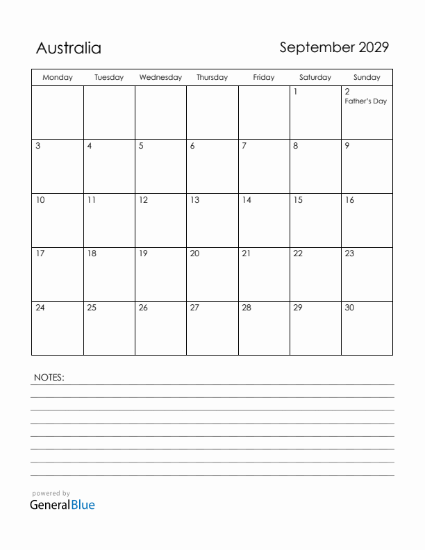 September 2029 Australia Calendar with Holidays (Monday Start)