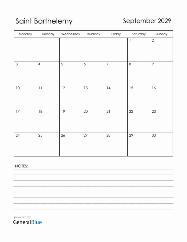 September 2029 Saint Barthelemy Calendar with Holidays (Monday Start)