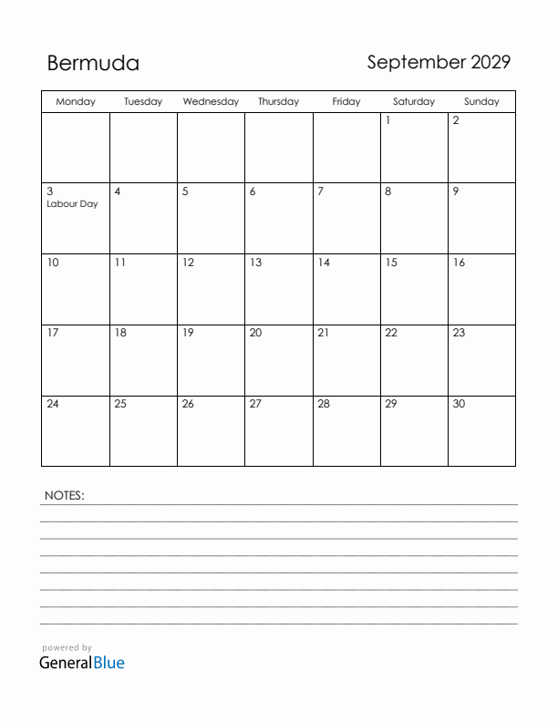 September 2029 Bermuda Calendar with Holidays (Monday Start)