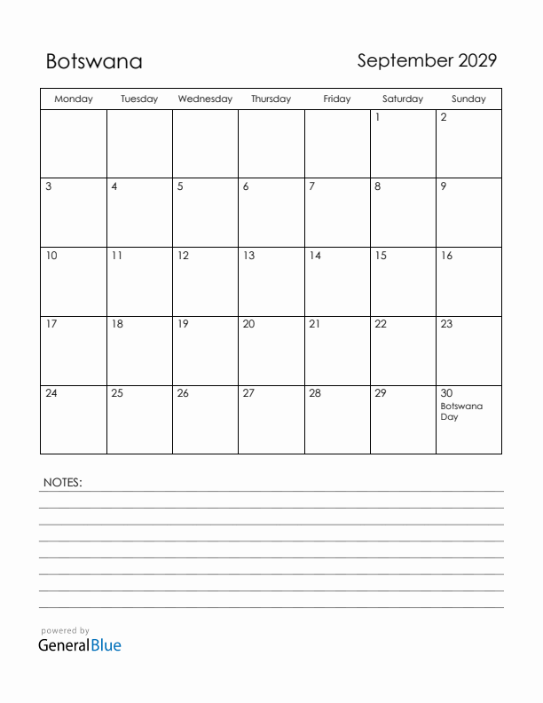 September 2029 Botswana Calendar with Holidays (Monday Start)