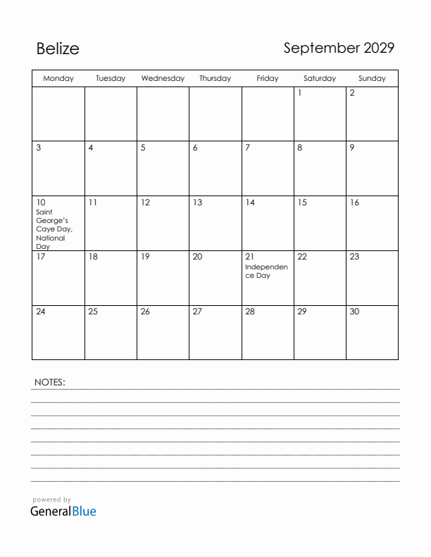 September 2029 Belize Calendar with Holidays (Monday Start)