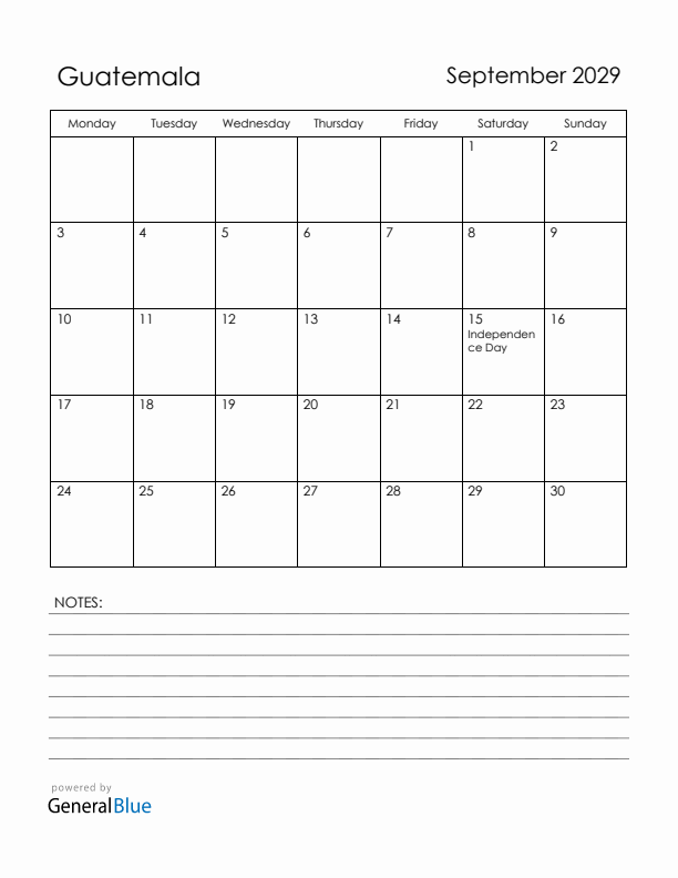 September 2029 Guatemala Calendar with Holidays (Monday Start)