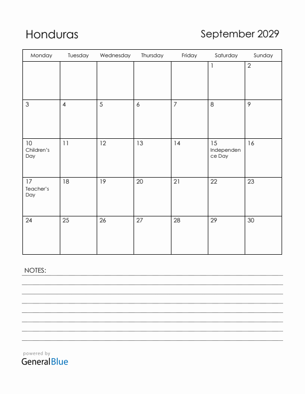 September 2029 Honduras Calendar with Holidays (Monday Start)
