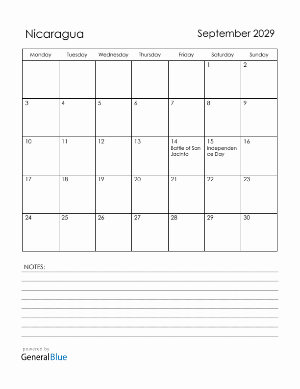 September 2029 Nicaragua Calendar with Holidays (Monday Start)