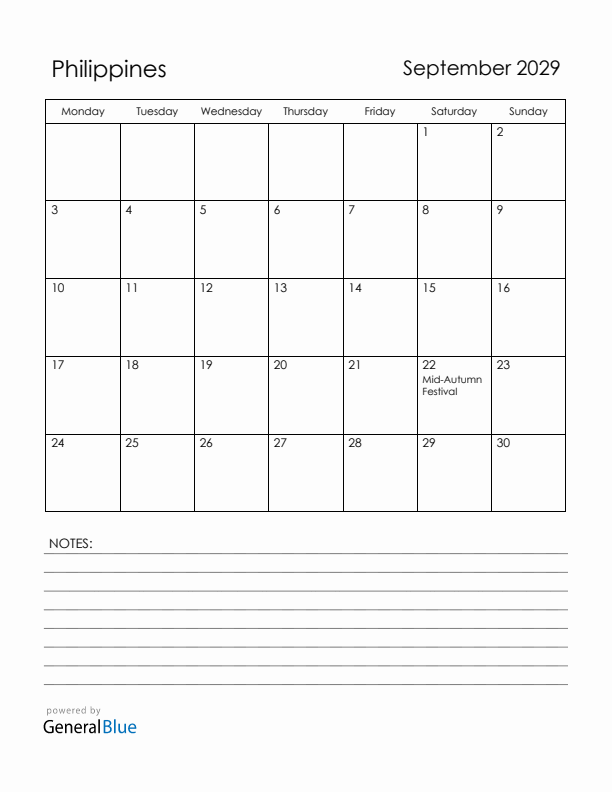 September 2029 Philippines Calendar with Holidays (Monday Start)