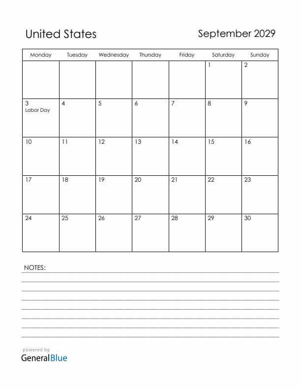 September 2029 United States Calendar with Holidays (Monday Start)