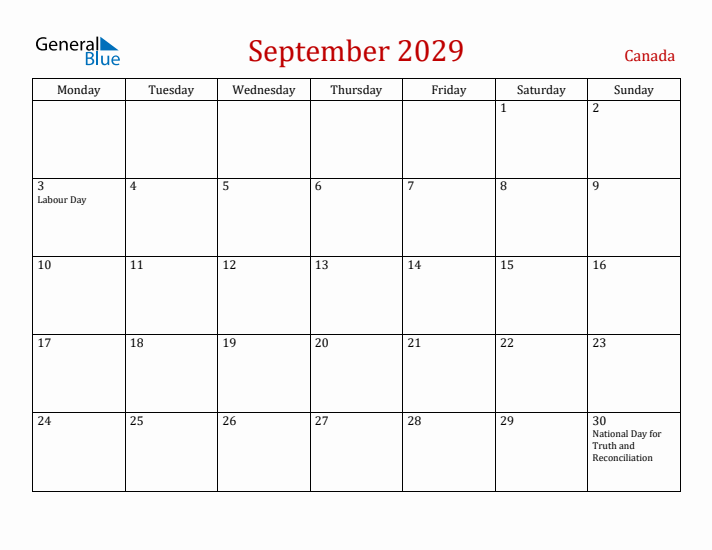 Canada September 2029 Calendar - Monday Start