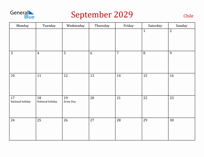 Chile September 2029 Calendar - Monday Start
