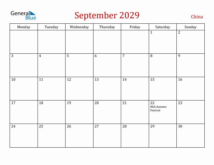 China September 2029 Calendar - Monday Start