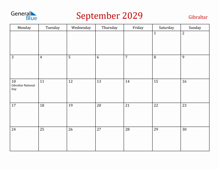 Gibraltar September 2029 Calendar - Monday Start