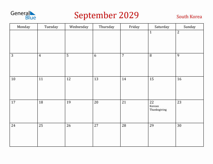 South Korea September 2029 Calendar - Monday Start