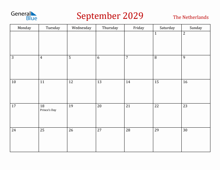 The Netherlands September 2029 Calendar - Monday Start