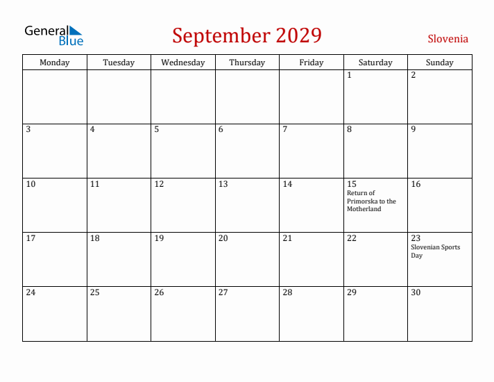 Slovenia September 2029 Calendar - Monday Start