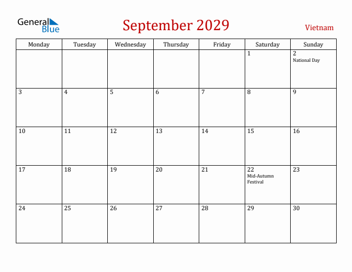 Vietnam September 2029 Calendar - Monday Start