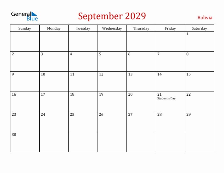 Bolivia September 2029 Calendar - Sunday Start