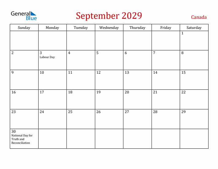 Canada September 2029 Calendar - Sunday Start