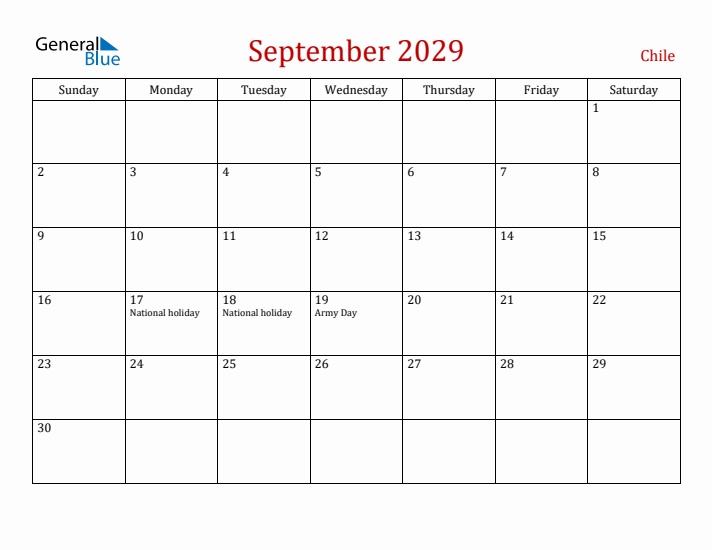 Chile September 2029 Calendar - Sunday Start