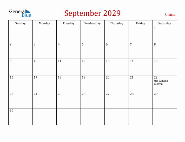 China September 2029 Calendar - Sunday Start