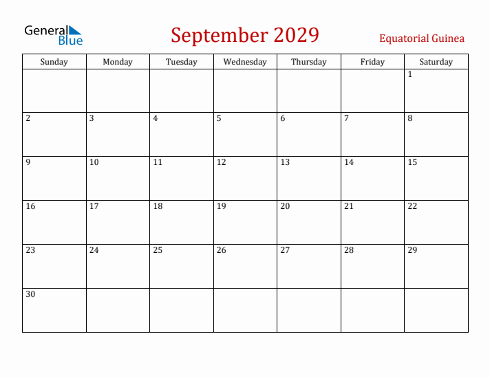 Equatorial Guinea September 2029 Calendar - Sunday Start