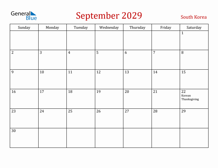 South Korea September 2029 Calendar - Sunday Start