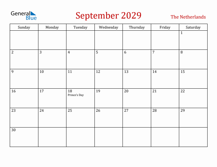 The Netherlands September 2029 Calendar - Sunday Start