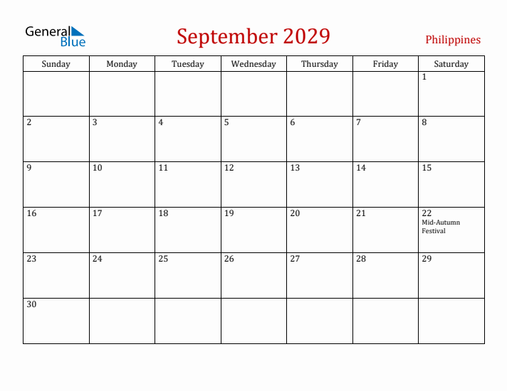 Philippines September 2029 Calendar - Sunday Start
