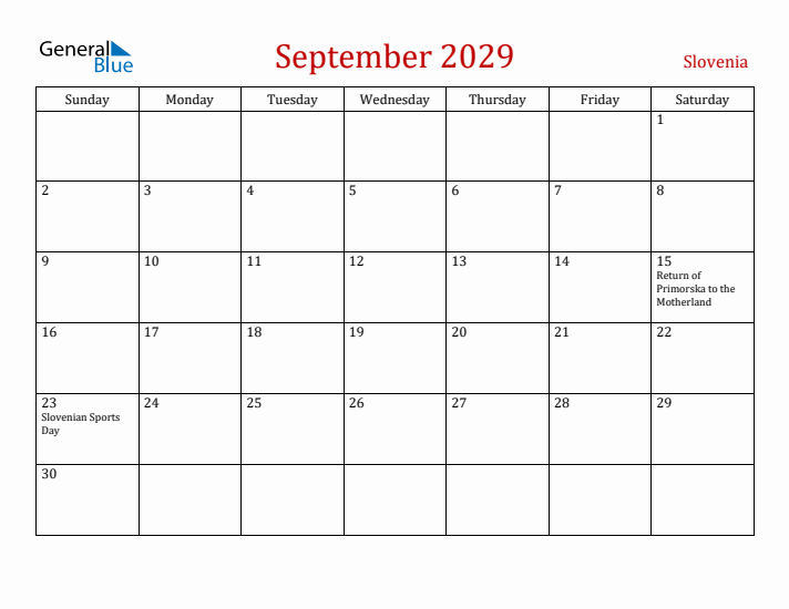 Slovenia September 2029 Calendar - Sunday Start