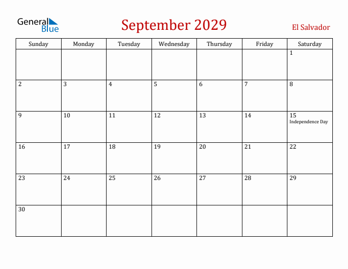 El Salvador September 2029 Calendar - Sunday Start